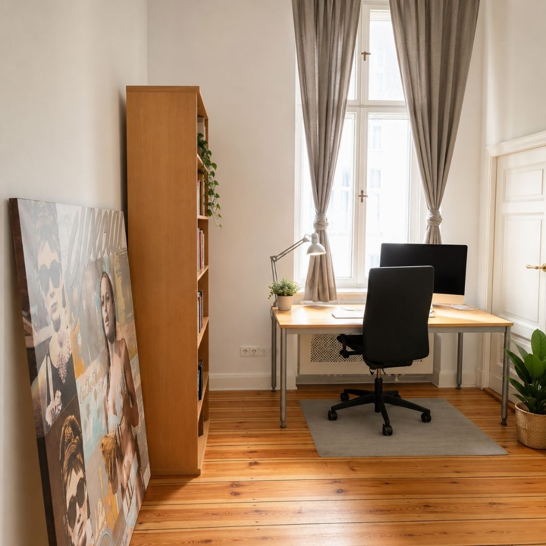 Helles Einzelbüro bei Beyond & Bloom mit Schreibtisch, Bürostuhl, Regal, hohen Altbaufenstern, Holzboden und dezenten Pflanzen.