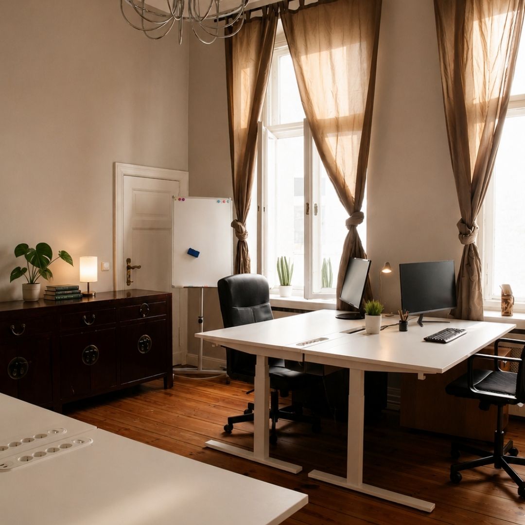 Heller Workspace von Beyond & Bloom mit Schreibtischen, Bürostühlen, hohen Altbaufenstern, Holzboden, Sideboard und warmem Tageslicht.