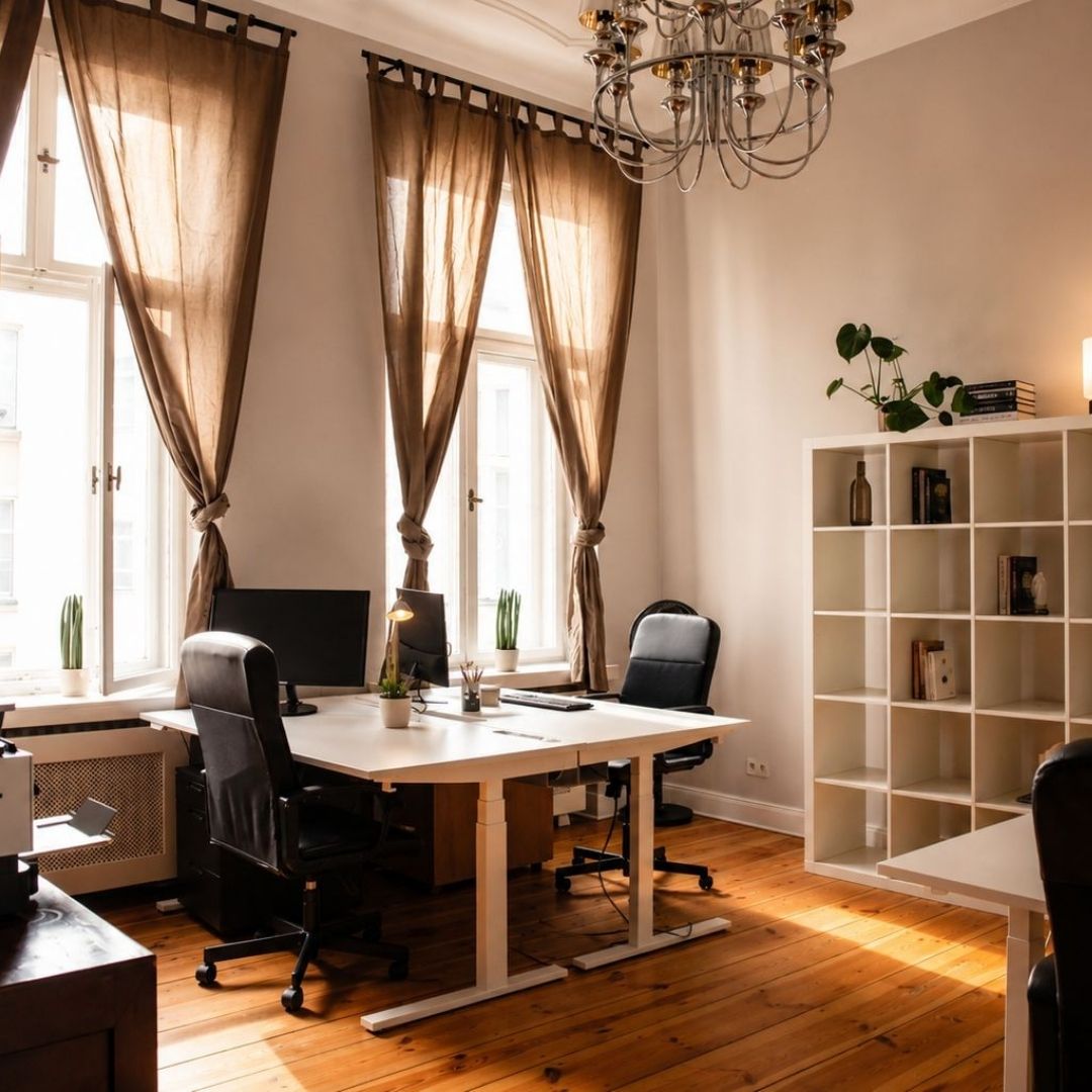 Lichtdurchfluteter Workspace von Beyond & Bloom mit Altbaucharakter, Holzboden, Schreibtischen und ruhiger Arbeitsatmosphäre.