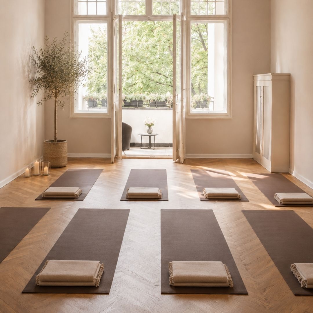 Lounge-Bereich von Beyond & Bloom mit Altbaudecke, hohen Fenstern, Balkonblick, Parkettboden, Teppich und hellen Sitzmöbeln.